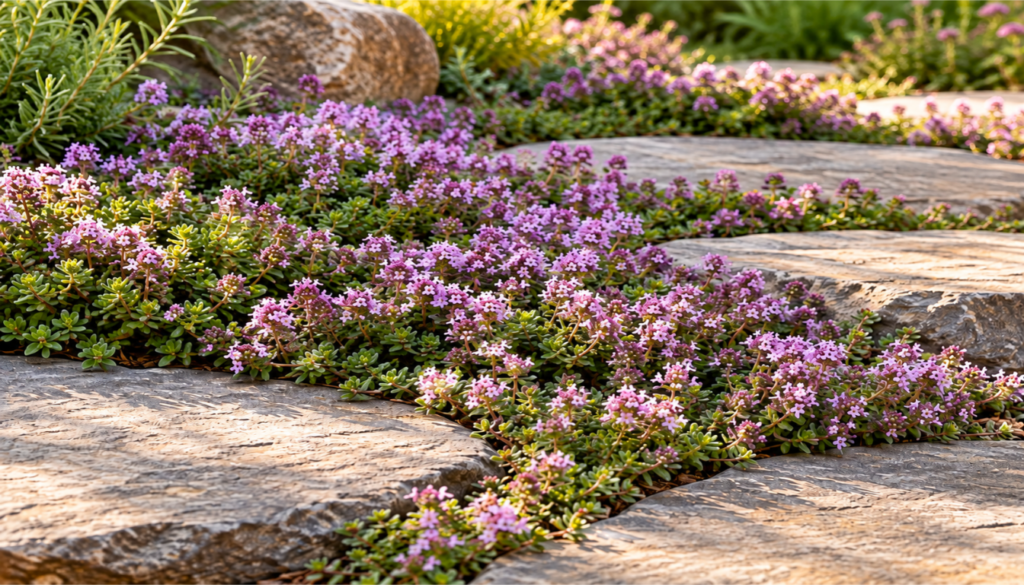 Creeping thyme with tiny pink-purple flowers spreading between gray stepping stones in a sunny garden