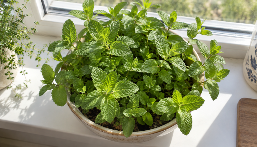 Healthy mint plant growing in a pot on a sunny windowsill