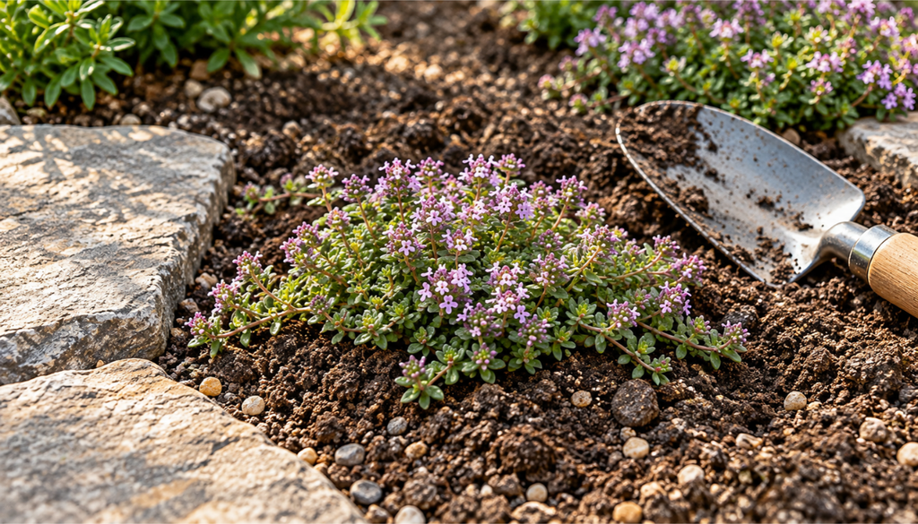 Newly planted creeping thyme in gritty soil with a hand trowel beside it