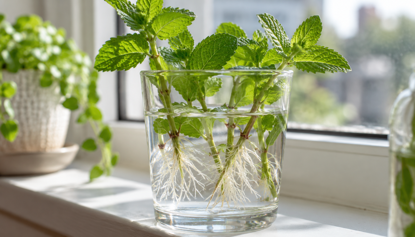 Mint cuttings rooting in a glass of water