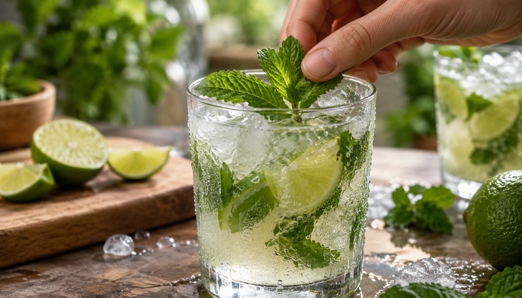 Fresh spearmint leaves in a mojito cocktail
