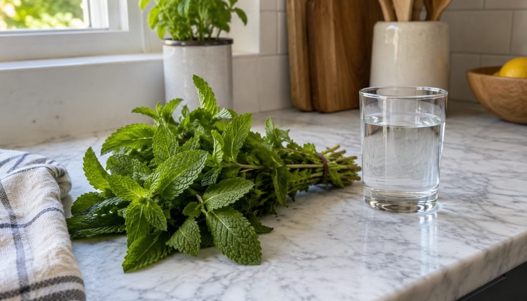 A fresh bunch of grocery store mint ready for propagating