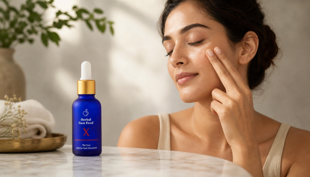 A blue glass bottle of Herbal Face Food “The Cure” serum with a gold dropper sits on a marble surface while a person applies the product to their face in the background.