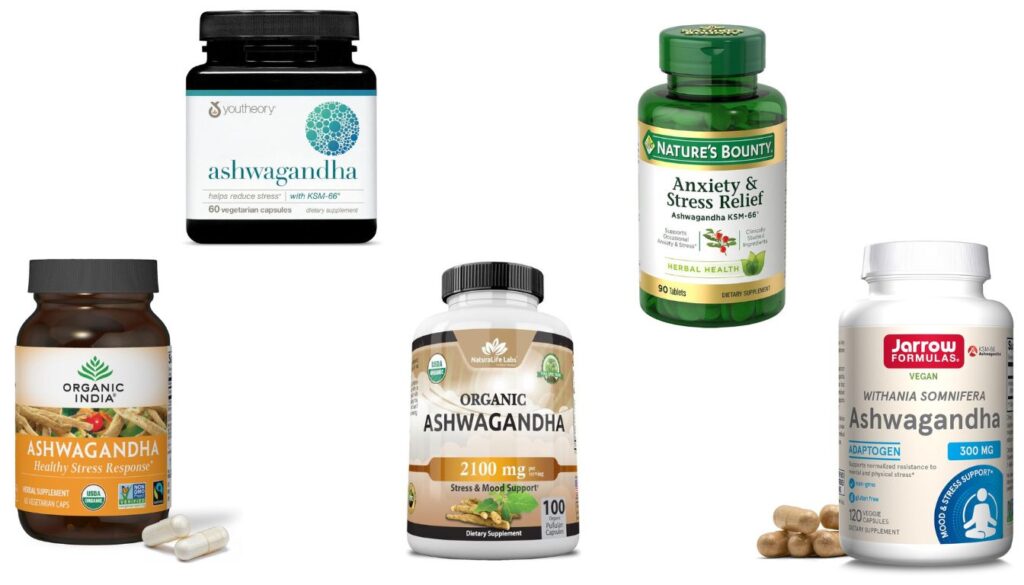 Five different Ashwagandha supplement bottles from various brands arranged together, highlighting differences in dosage, formulations, and stress‑relief claims.