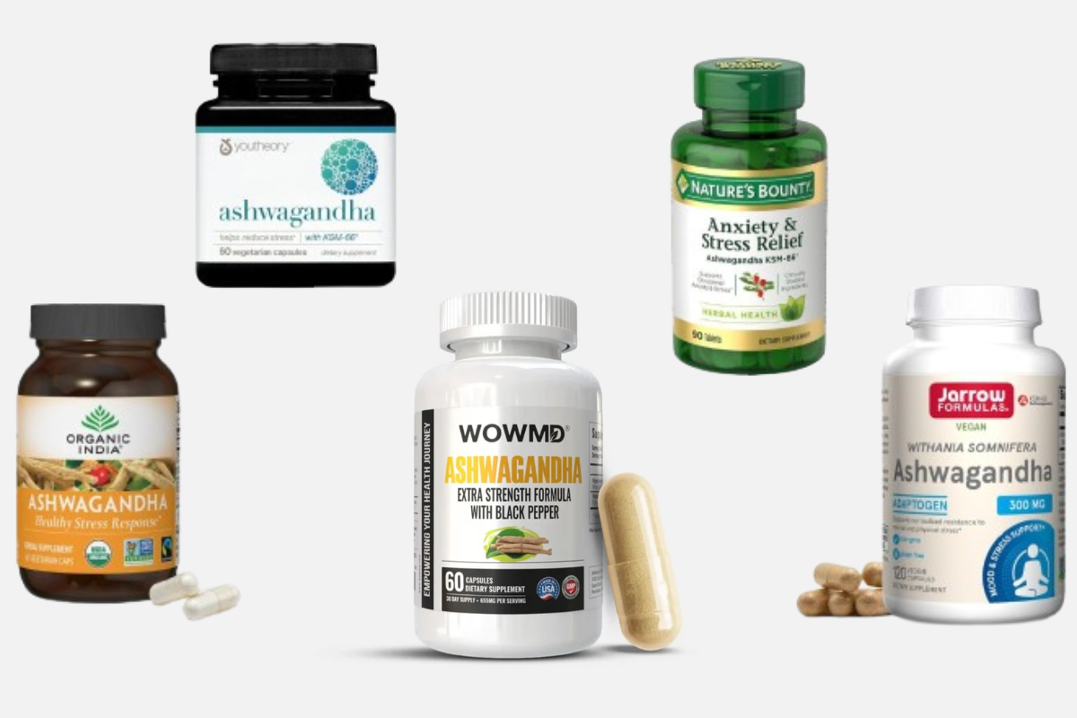 Five different Ashwagandha supplement bottles from various brands arranged together, highlighting differences in dosage, formulations, and stress‑relief claims.
