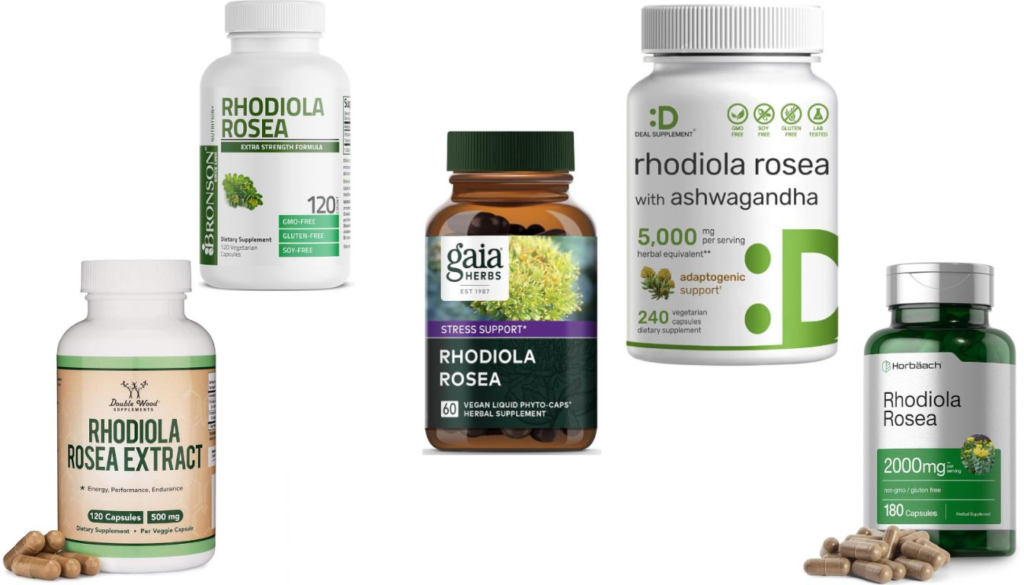 Bottles of Rhodiola Rosea supplements from five different brands arranged side by side, showing variations in dosage, capsule count, and packaging design.