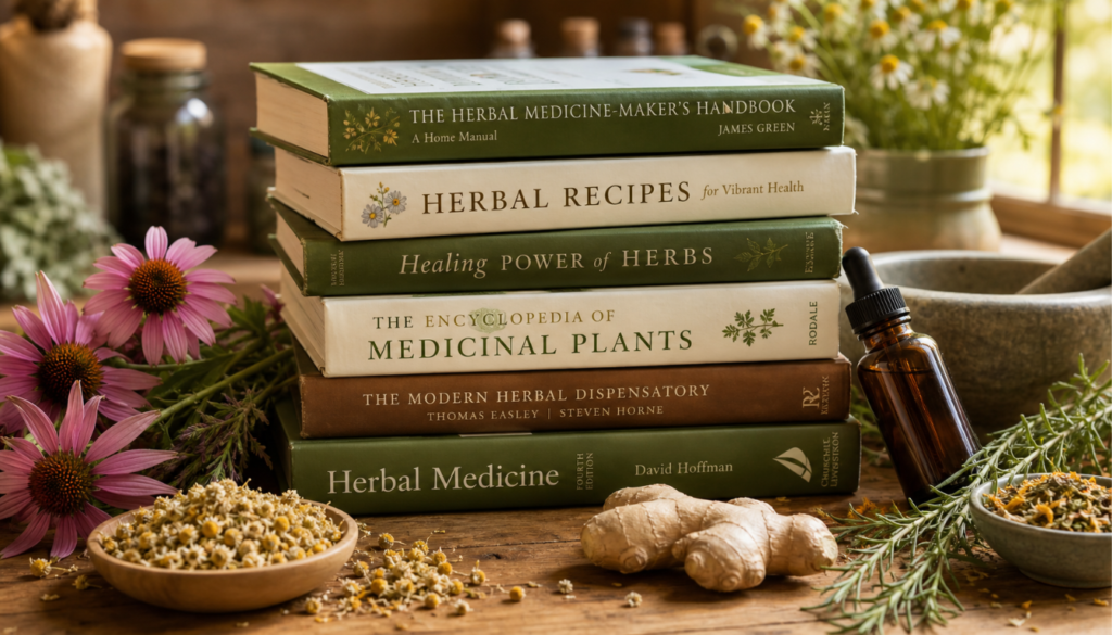 A stack of herbal medicine books surrounded by fresh herbs, flowers, ginger root, and a brown glass dropper bottle on a wooden surface.