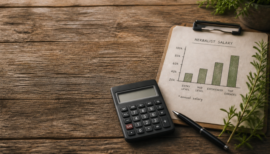 A clipboard on a wooden table displaying a bar chart titled “Herbalist Salary,” showing increasing annual salaries from entry level to top earners, alongside a calculator, pen, and green plant leaves.