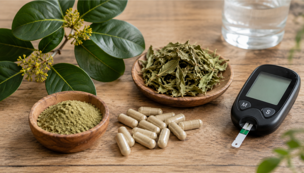 gymnema sylvestre supplements and blood glucose
monitor on wooden table