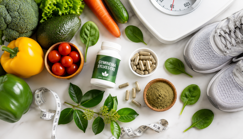 gymnema sylvestre supplements with healthy
lifestyle items flat lay