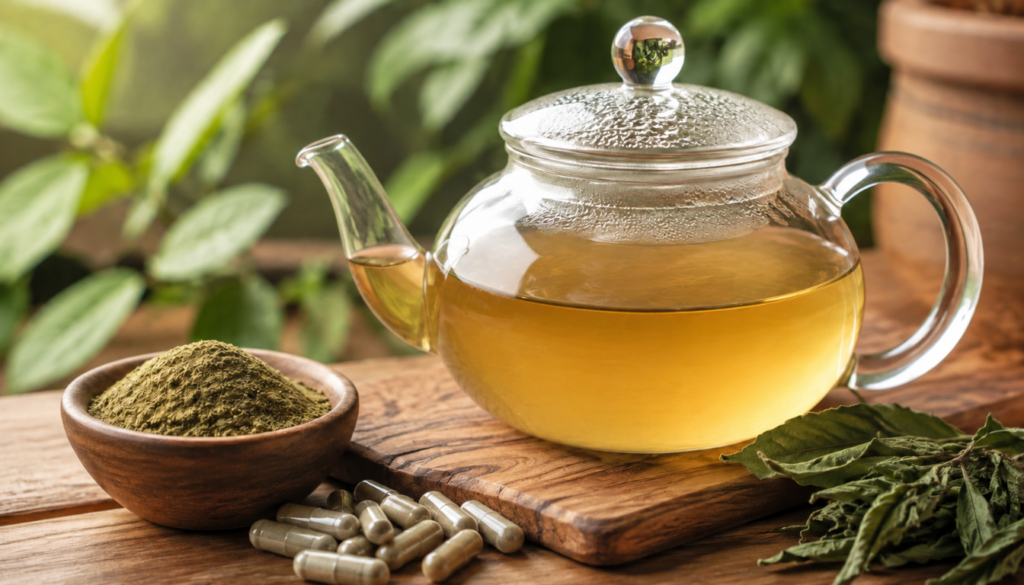 gymnema sylvestre herbal tea with dried leaves and capsules on wooden surface