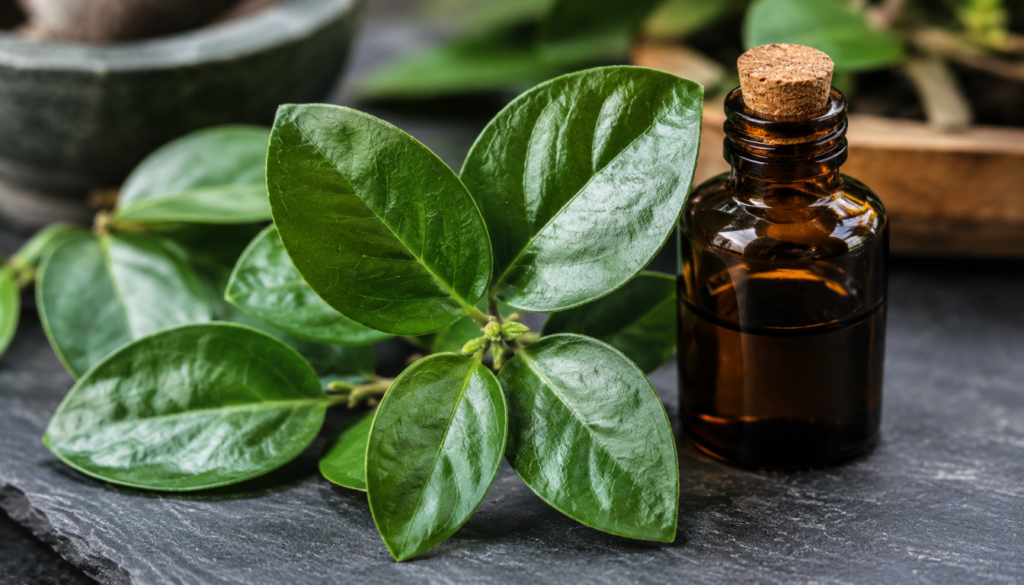 fresh gymnema sylvestre leaves and herbal extract on dark slate surface