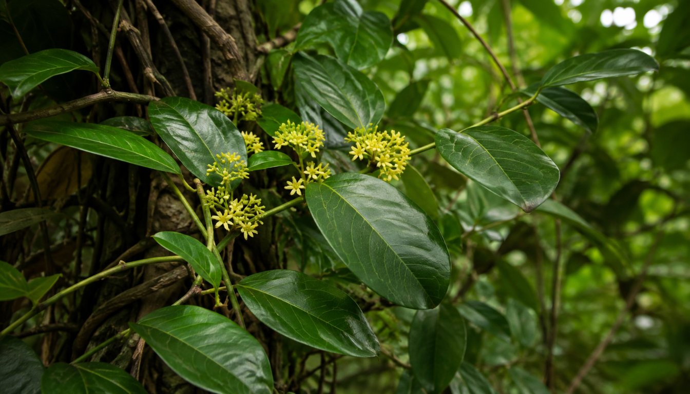 gymnema sylvestre climbing vine with yellow flowers in tropical forest setting