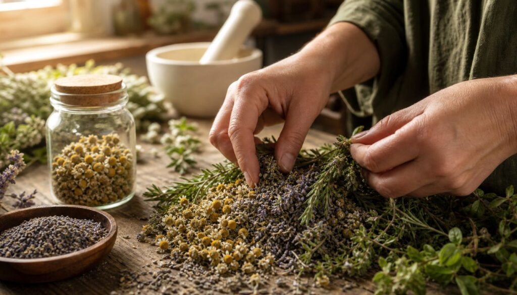 Hands arranging fresh herbs on a wooden table beside a jar of chamomile and a mortar, symbolizing herbalist practice and natural healing.