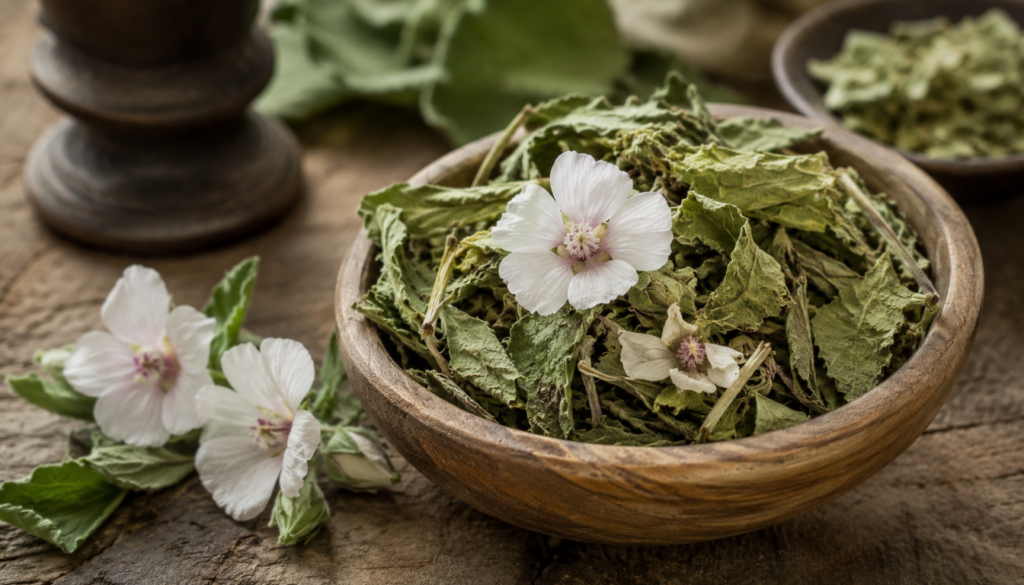 A wooden bowl filled with dried marshmallow leaves and small white‑and‑pink flowers sits on a rustic wooden table, with additional dried herbs scattered around it.