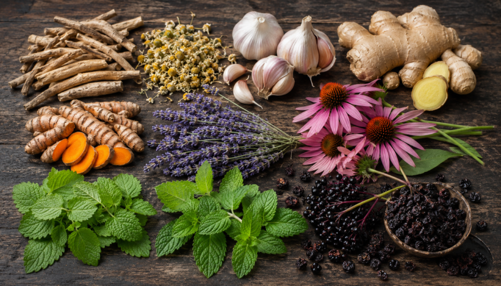 essential medicinal herbs including chamomile turmeric and ashwagandha on wooden board