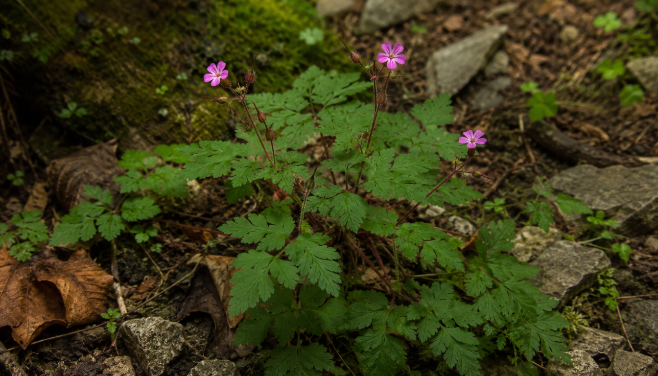 herb robert plant with pink flowers and reddish stems growing in woodland
