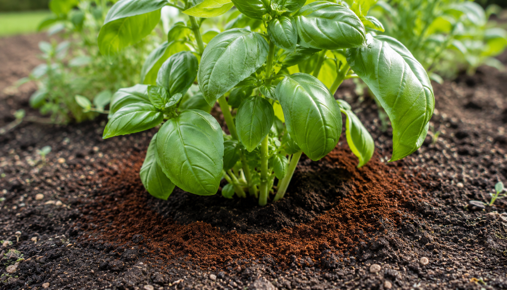 Used coffee grounds spread in a ring around a basil plant in an herb garden