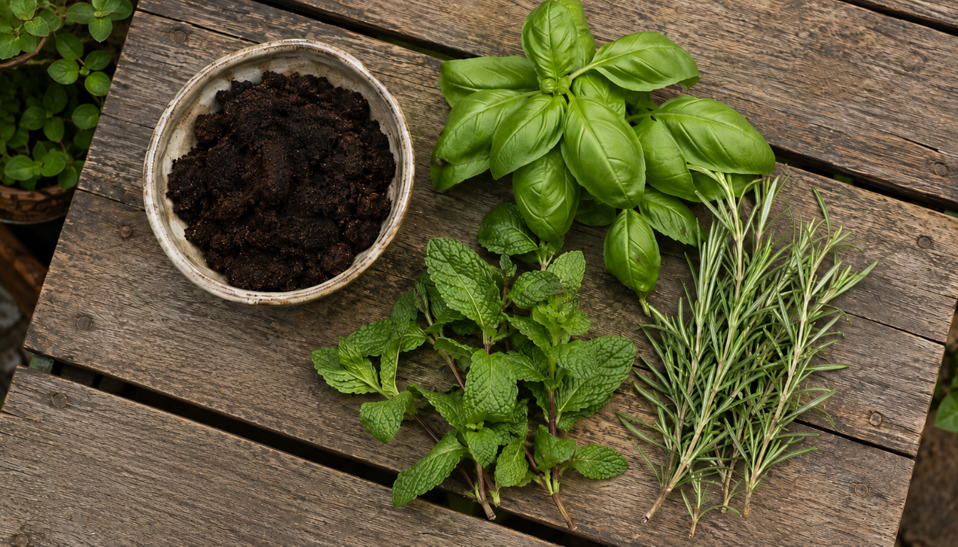 Coffee grounds and fresh herbs arranged together for a natural pest control guide