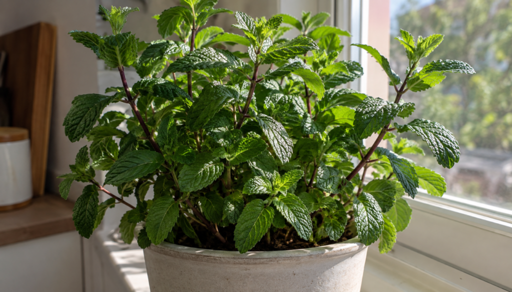 Healthy peppermint plant with purplish stems growing indoors