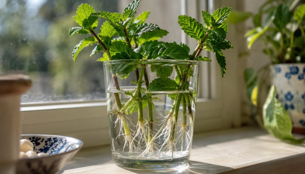 Peppermint cuttings rooting in a glass of water