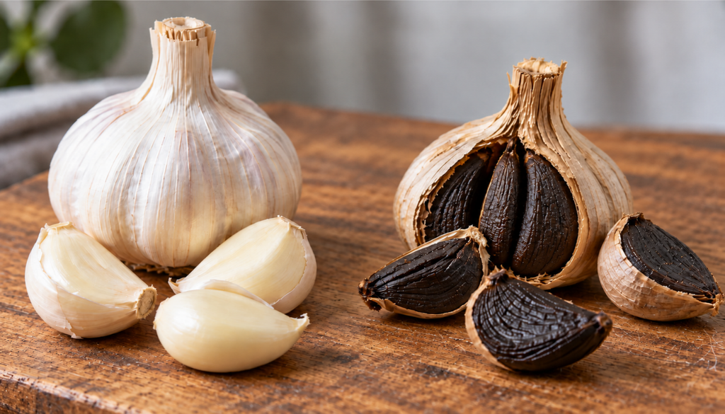 Raw white garlic beside black garlic on a wooden board