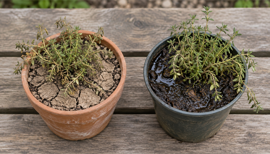 Thyme roots checked before repotting to revive a dried-out thyme plant