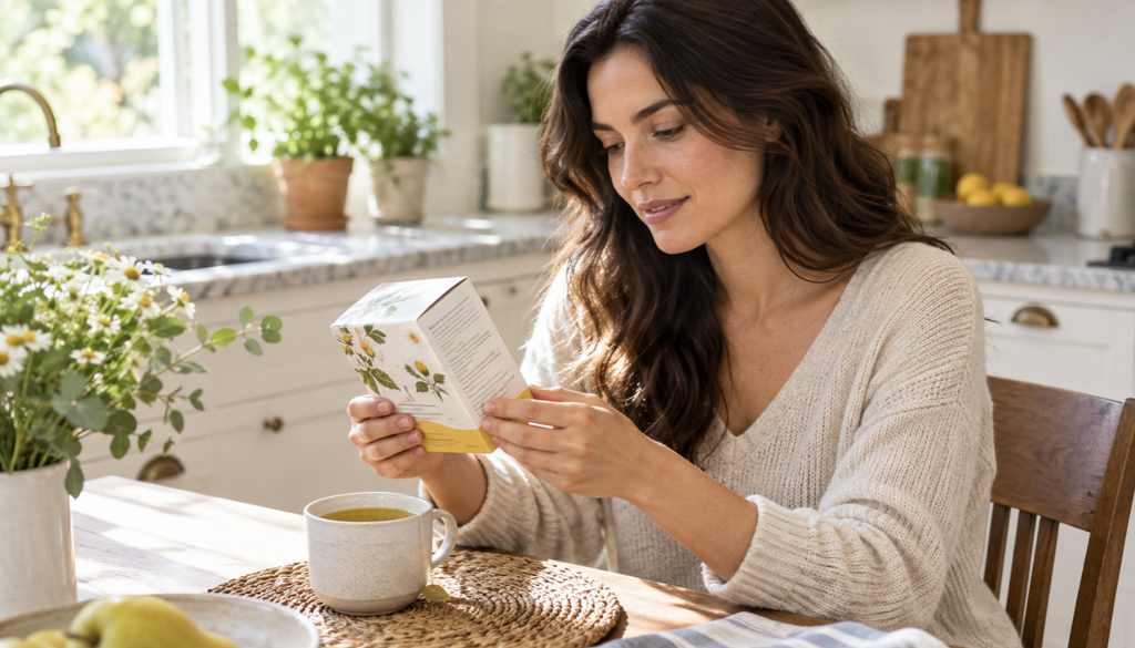Person reading the label on a box of herbal tea