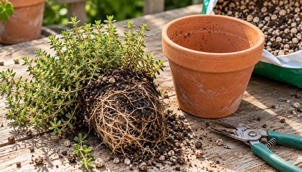 Thyme roots checked before repotting to revive a dried-out thyme plant