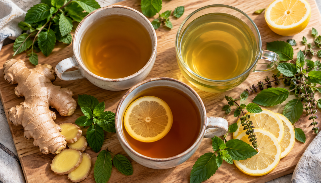 Cups of tulsi tea with ginger, mint, and lemon on a wooden board